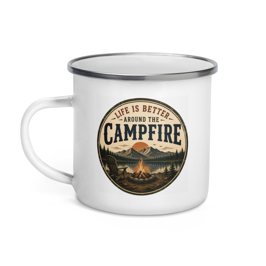 White enamel mug with silver rim and handle, full Campfire logo graphic