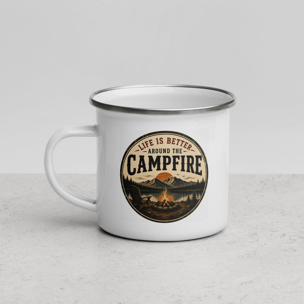 White enamel mug with silver rim and handle, angled view of 'Campfire' logo graphic