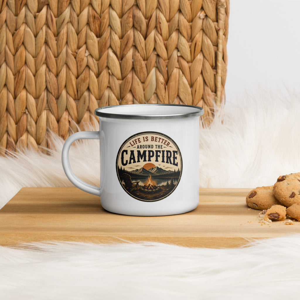 White enamel mug with silver rim and handle, front 'Campfire' logo graphic