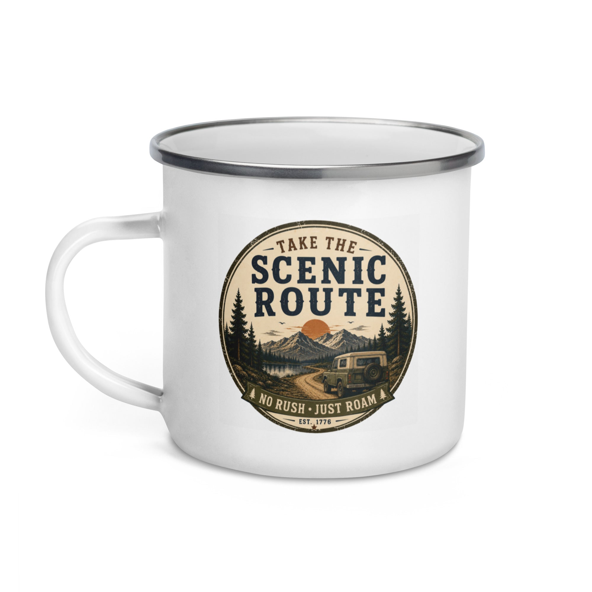 White enamel mug with Scenic Route logo on the front, silver rim and handle.