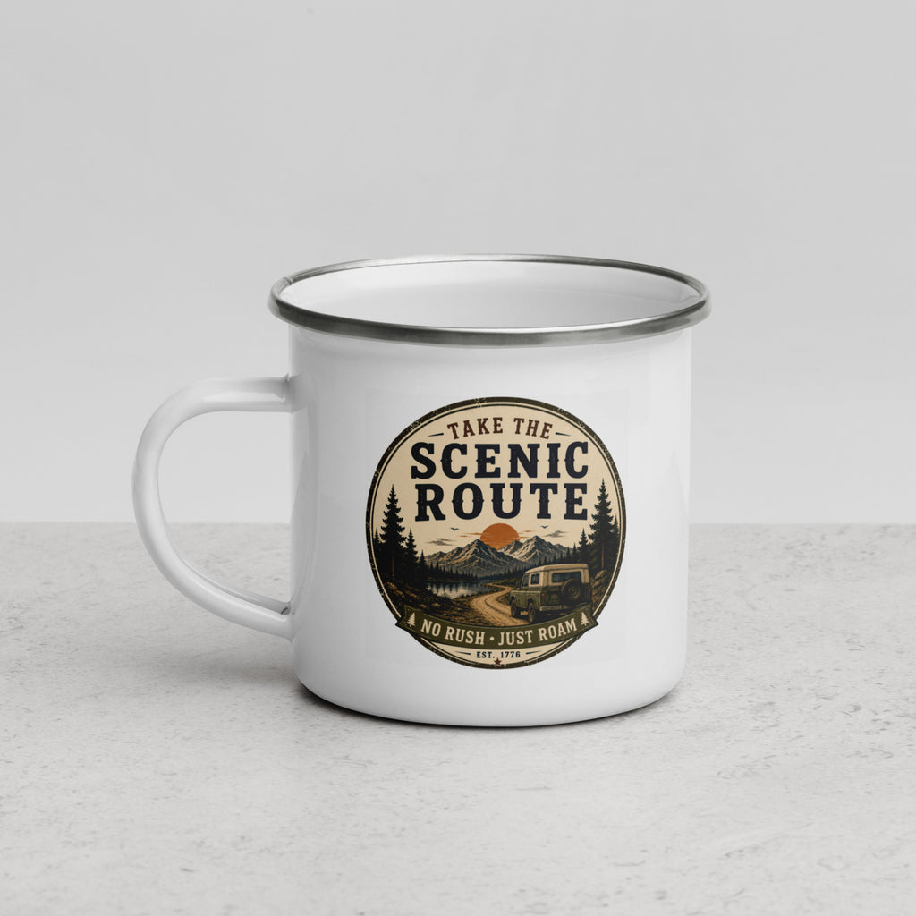 White enamel mug with silver rim and handle, Scenic Route logo on front