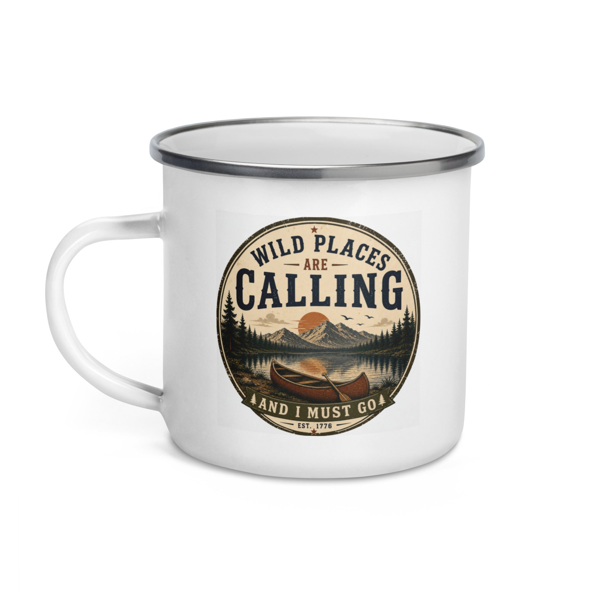 White enamel mug with silver rim, calling logo front and side handle