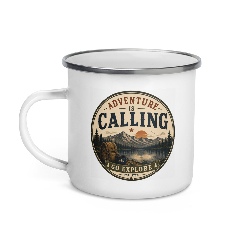 White enamel mug with silver rim, “Adventure is Calling” badge and forest scene.