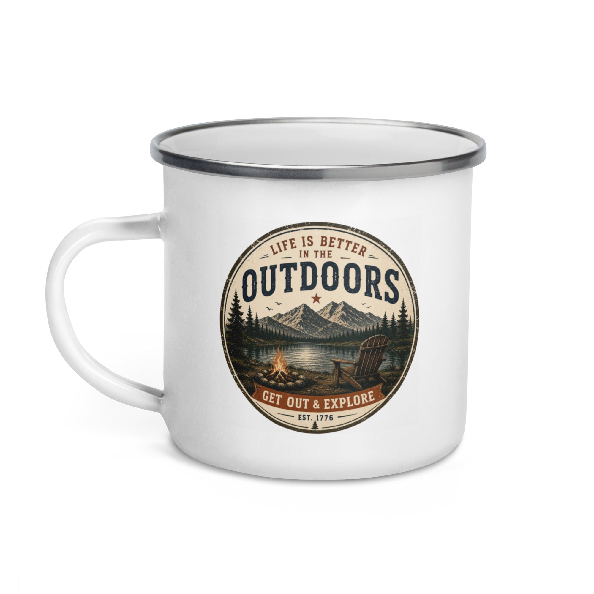 White enamel mug with silver rim, side handle, and Outdoors logo on front