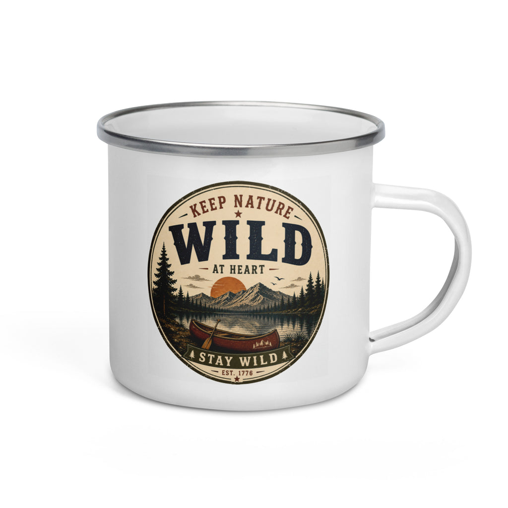 White enamel mug with Wild logo and side handle, gray rim