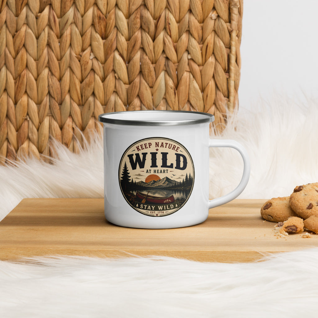 White enamel camping mug with silver rim and “KEEP NATURE WILD” logo, side view.