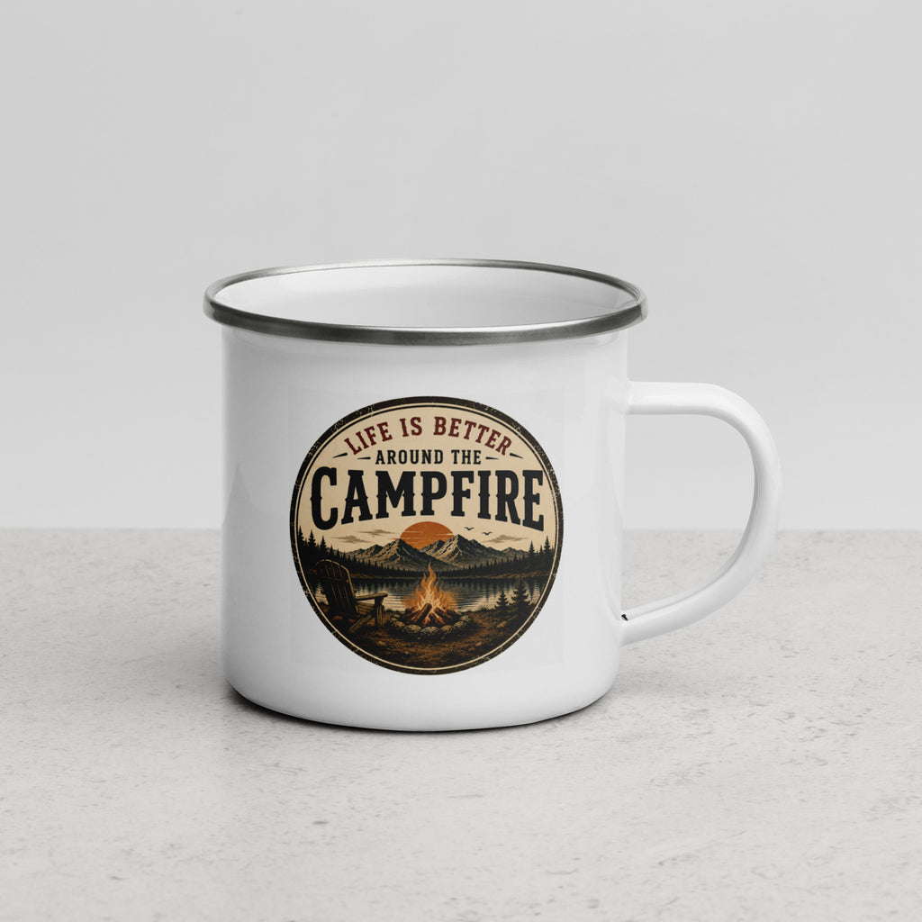 White enamel mug with silver rim and handle, front 'Campfire' logo graphic