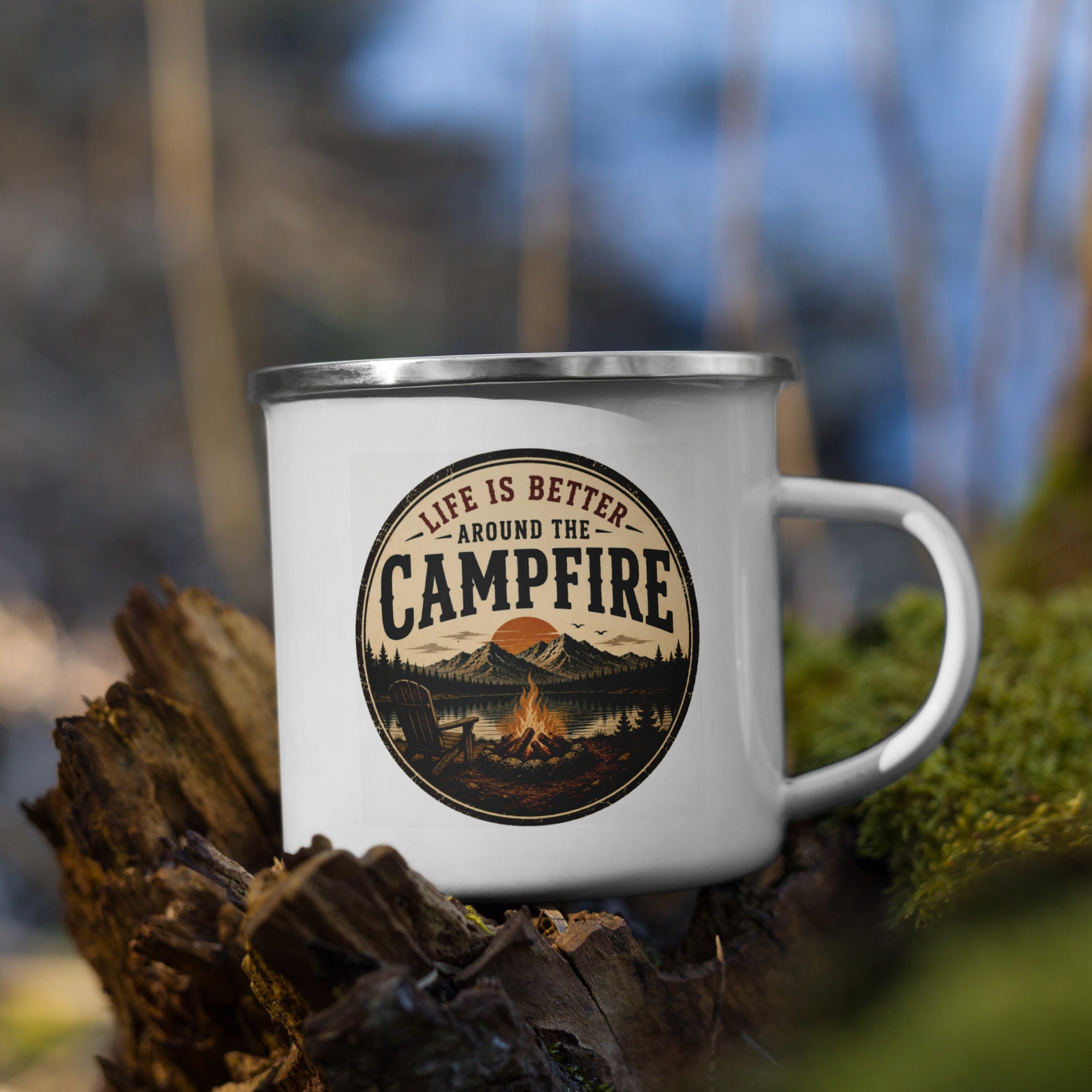 White enamel mug with silver rim and Campfire logo, resting on cut wood