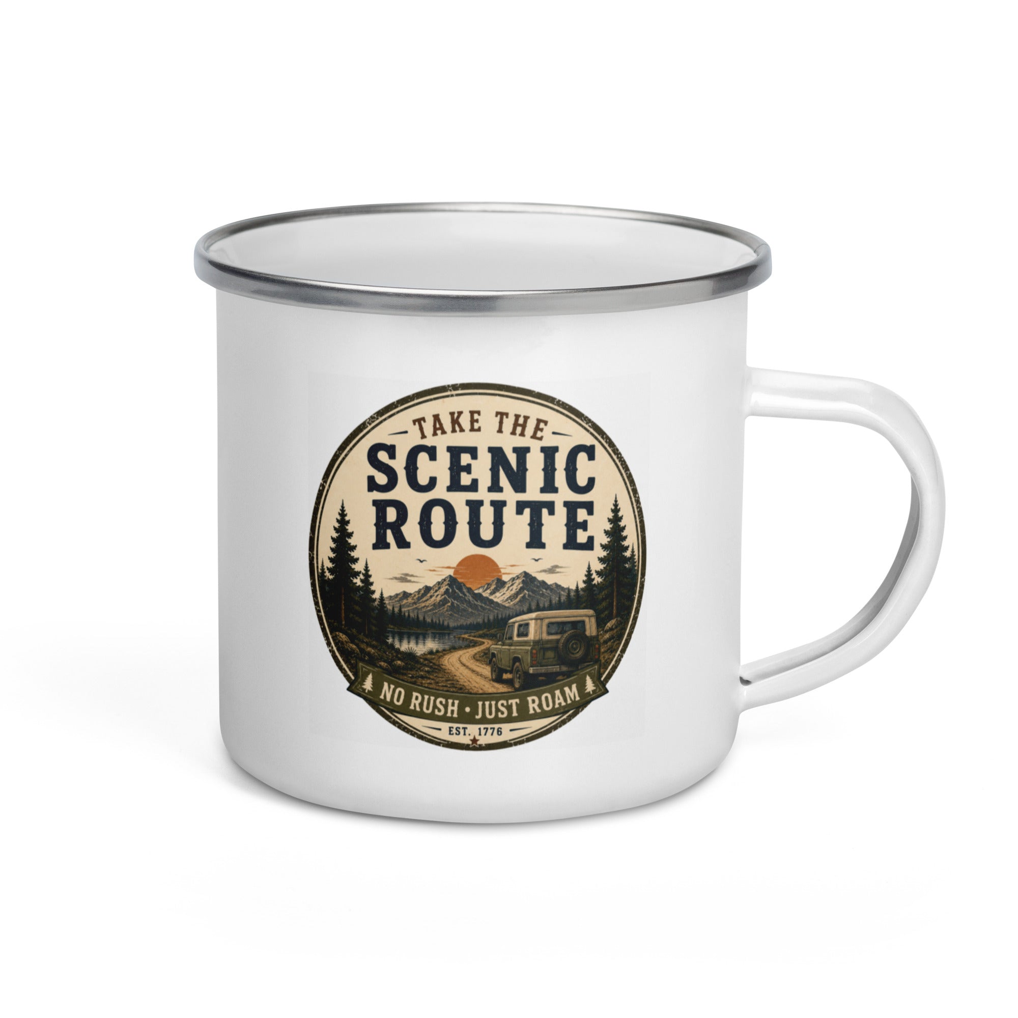 White enamel mug with Scenic Route logo on the front, silver rim and side handle.