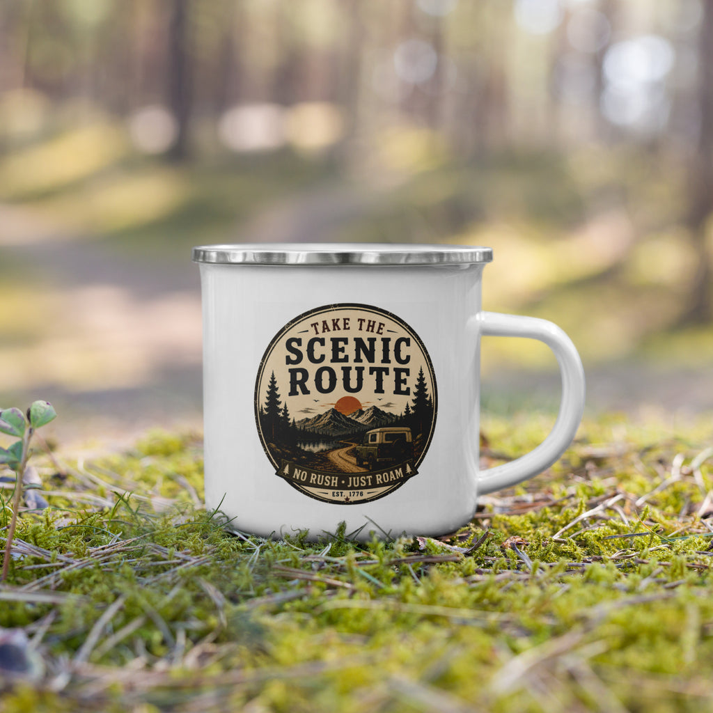 White enamel mug with silver rim and handle, Scenic Route logo on front