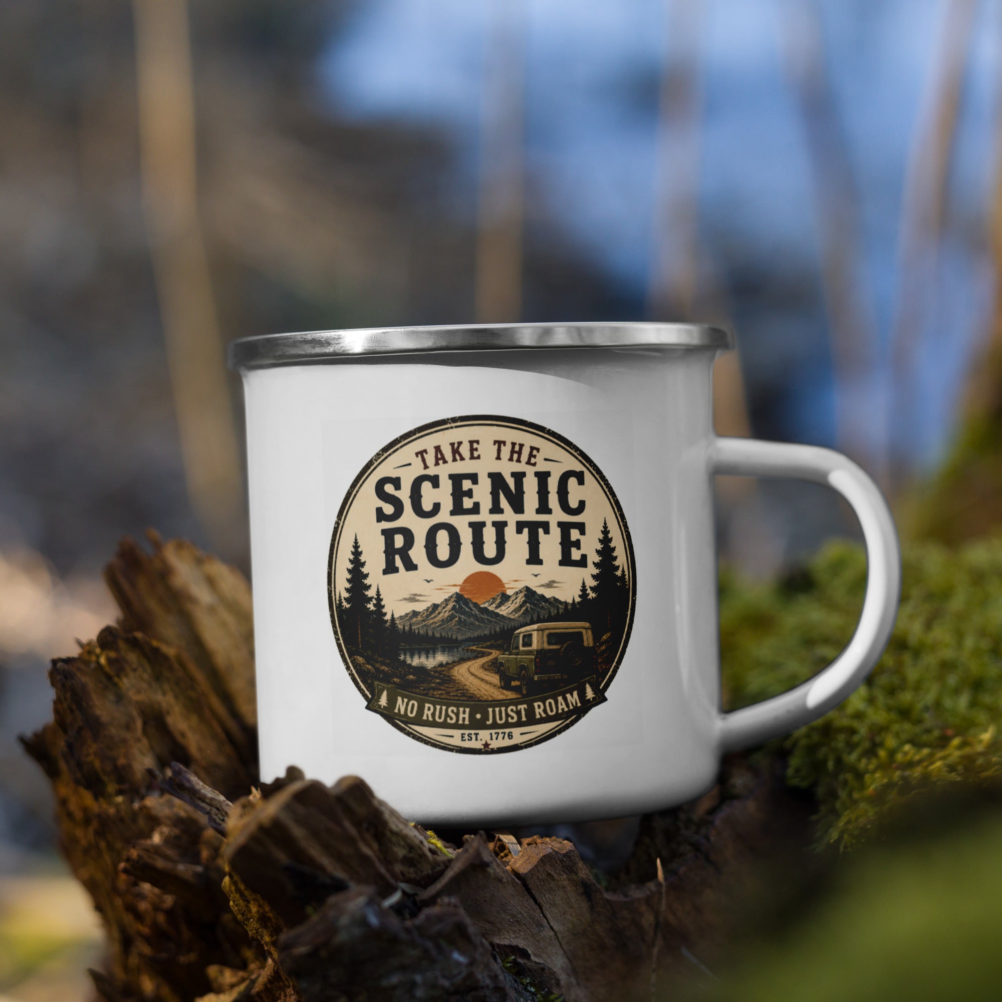 White enamel mug with silver rim and handle, Scenic Route logo on front