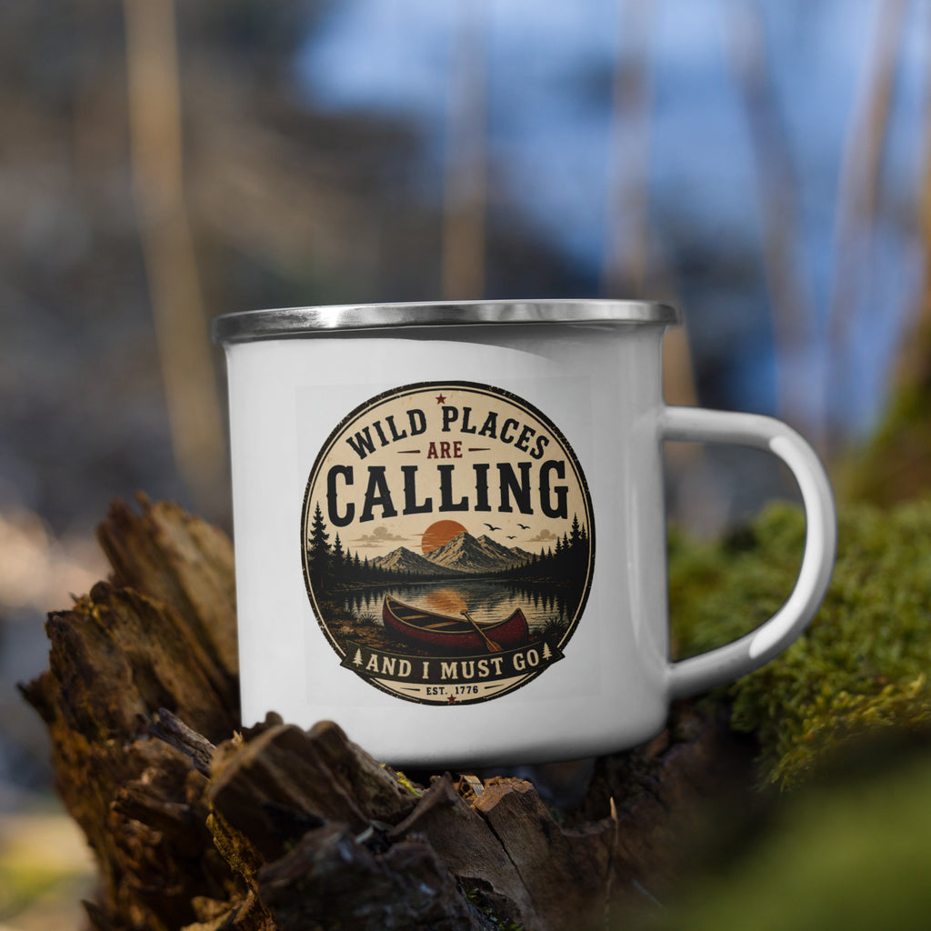 White enamel mug on wood slice, silver rim and calling logo front