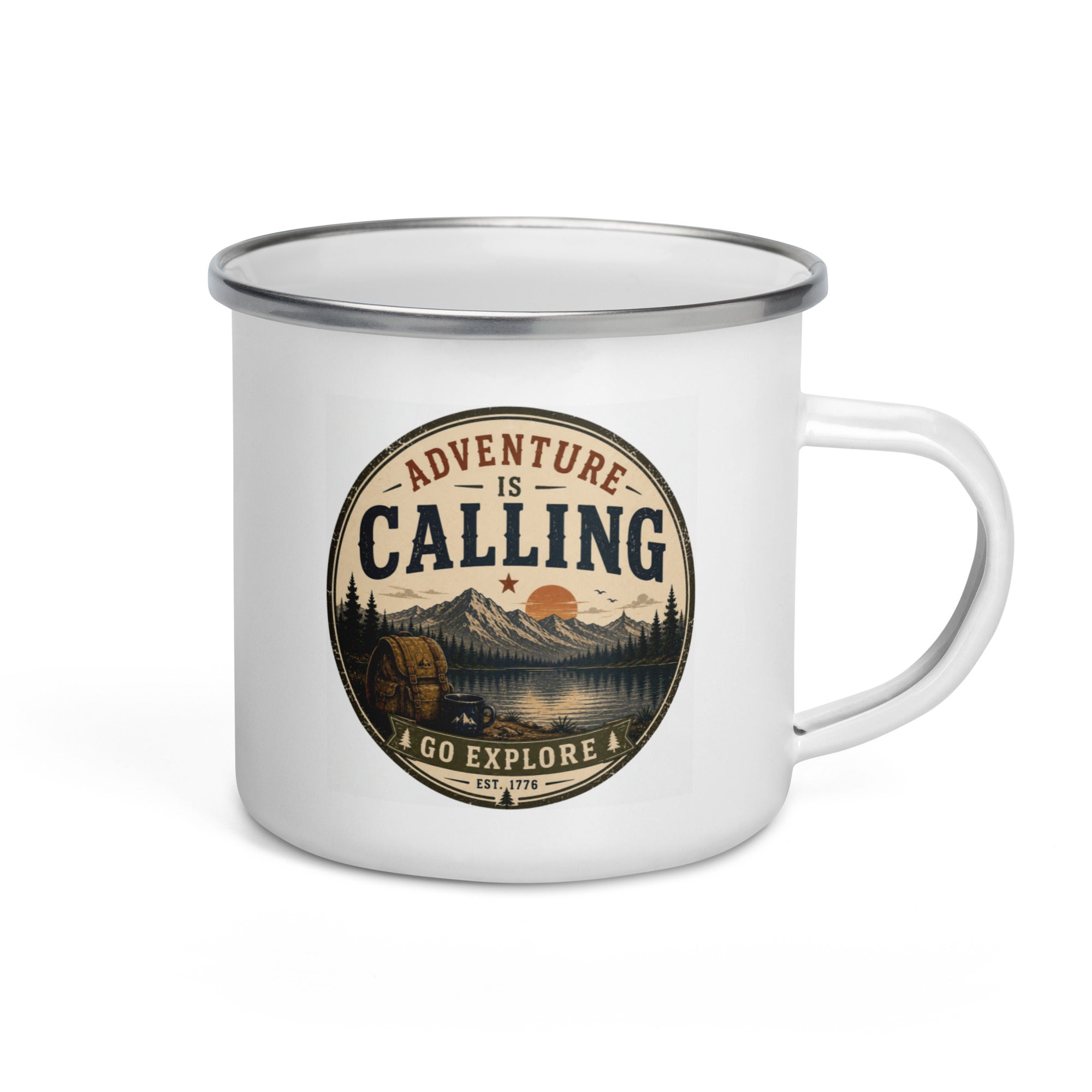 White enamel mug with silver rim and central “Adventure is Calling” logo.