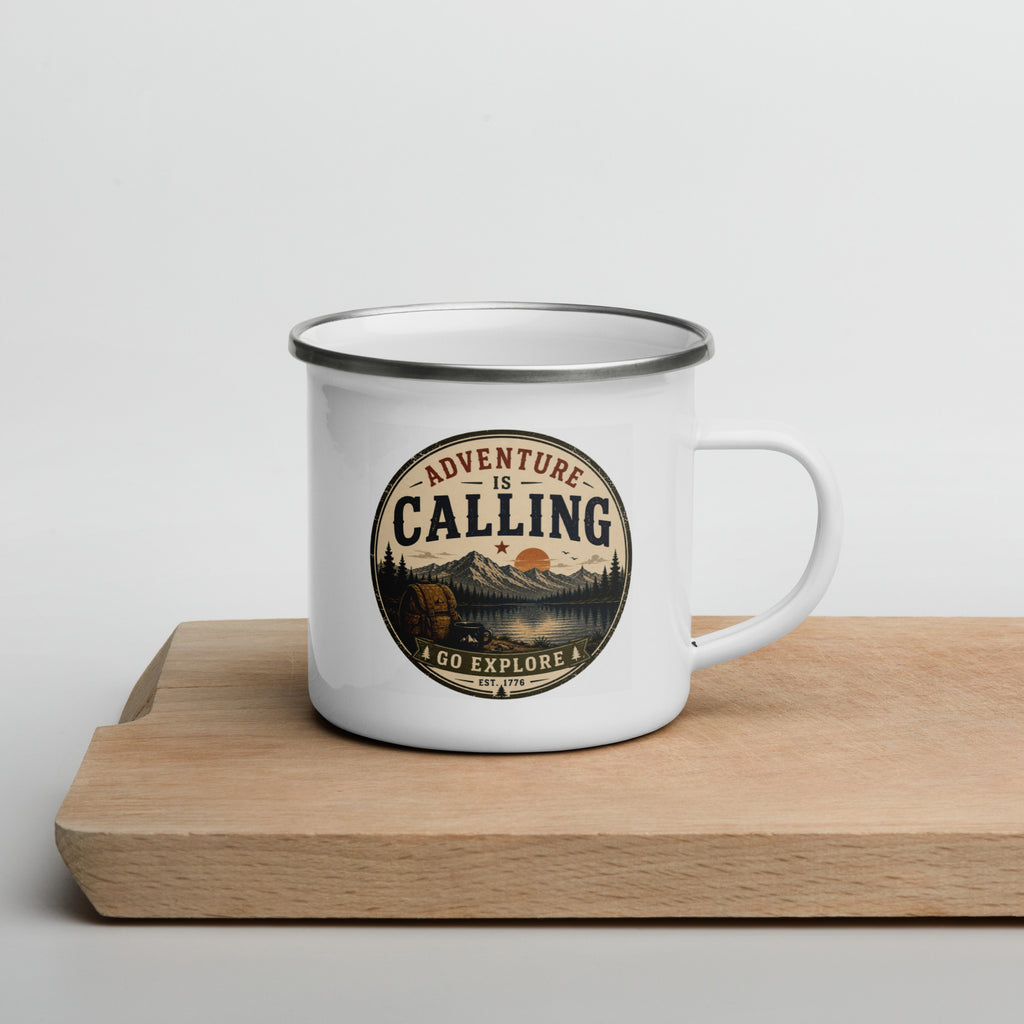 White enamel mug with silver rim and front 'Adventure Is Calling' circular logo