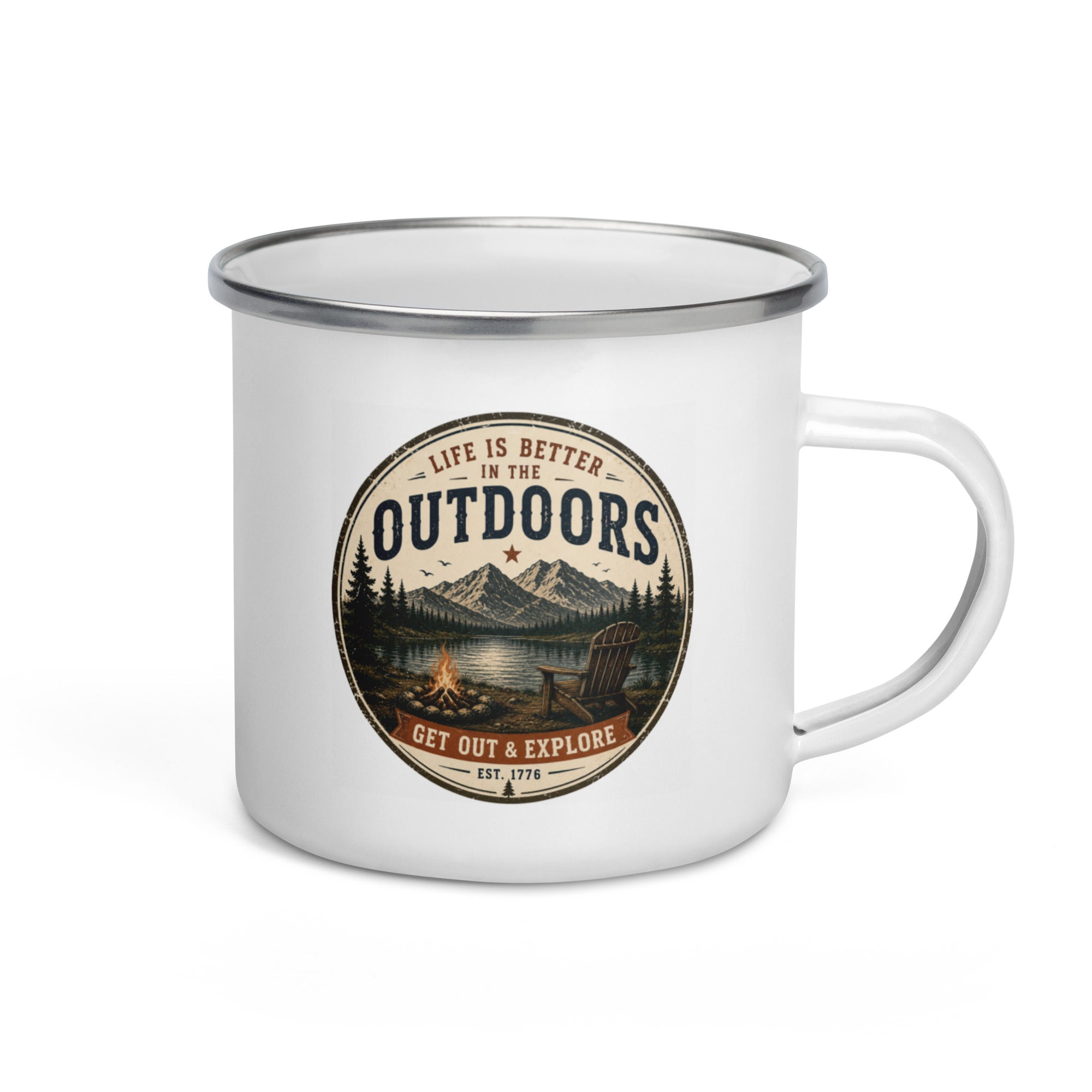 White enamel camping mug with silver rim, side handle, and outdoors emblem