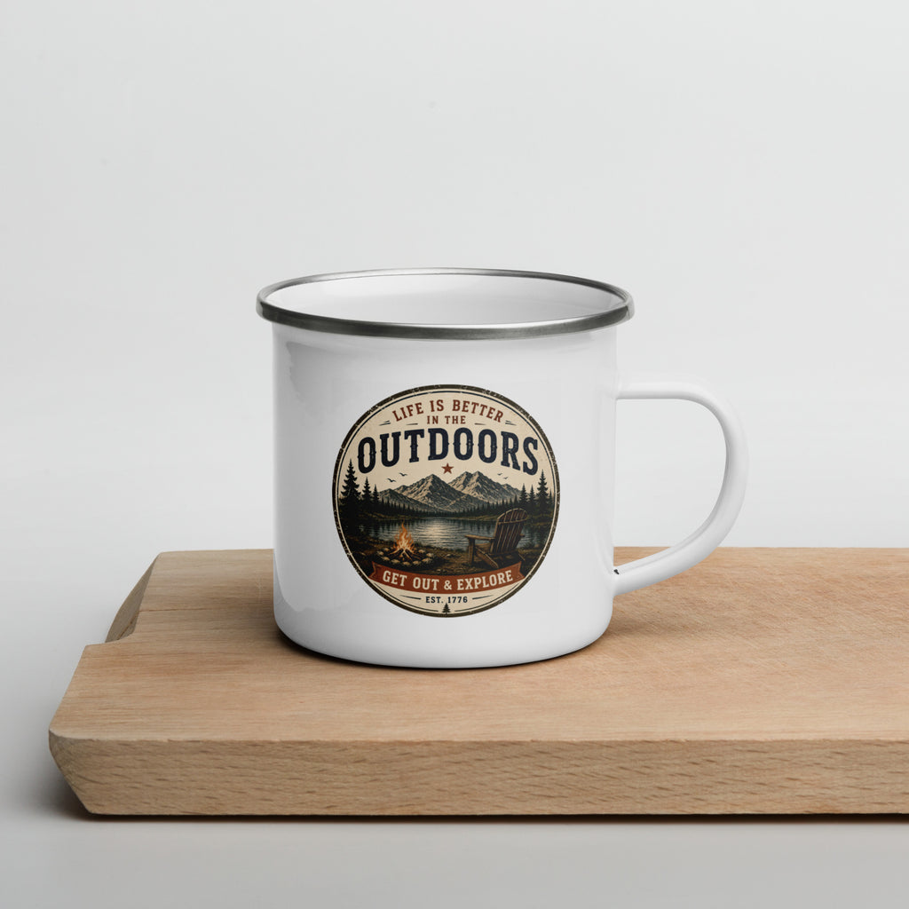 White enamel mug with black rim and circular Outdoors logo on front