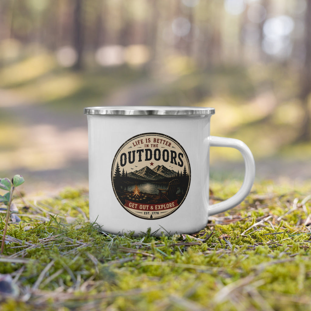 White enamel mug with silver rim and side handle, Outdoors logo graphic centered