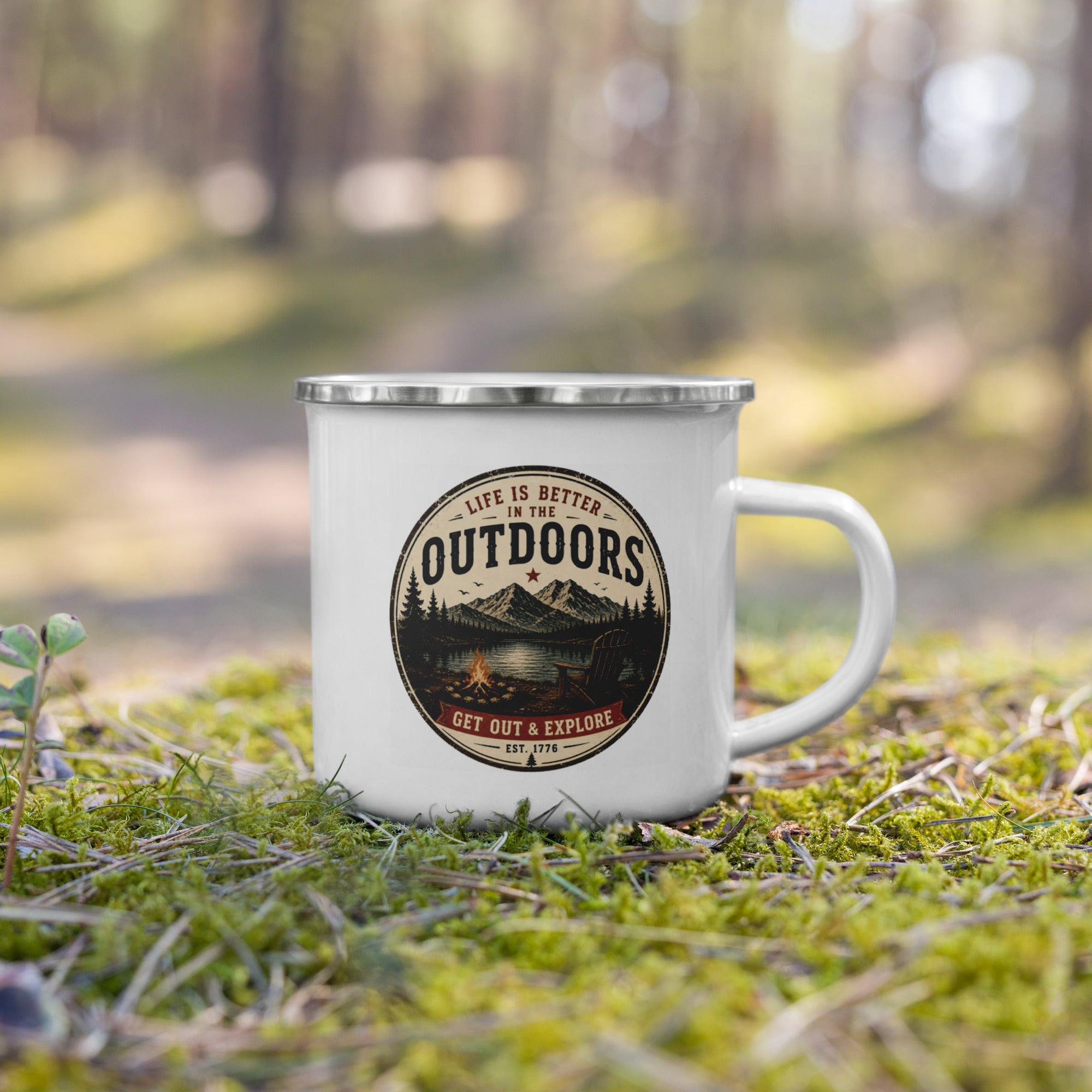 White enamel mug with silver rim and side handle, Outdoors logo graphic centered