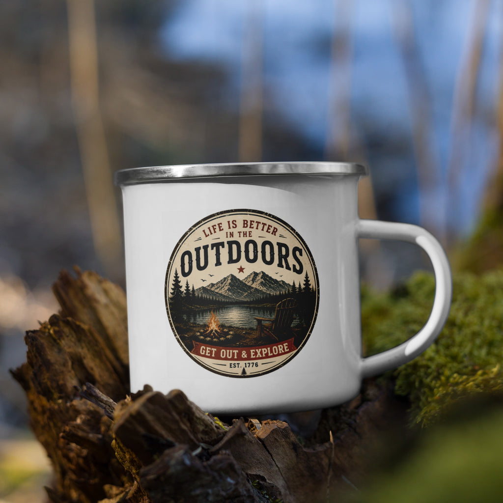 White enamel mug with silver rim, side handle, and Outdoors logo on front
