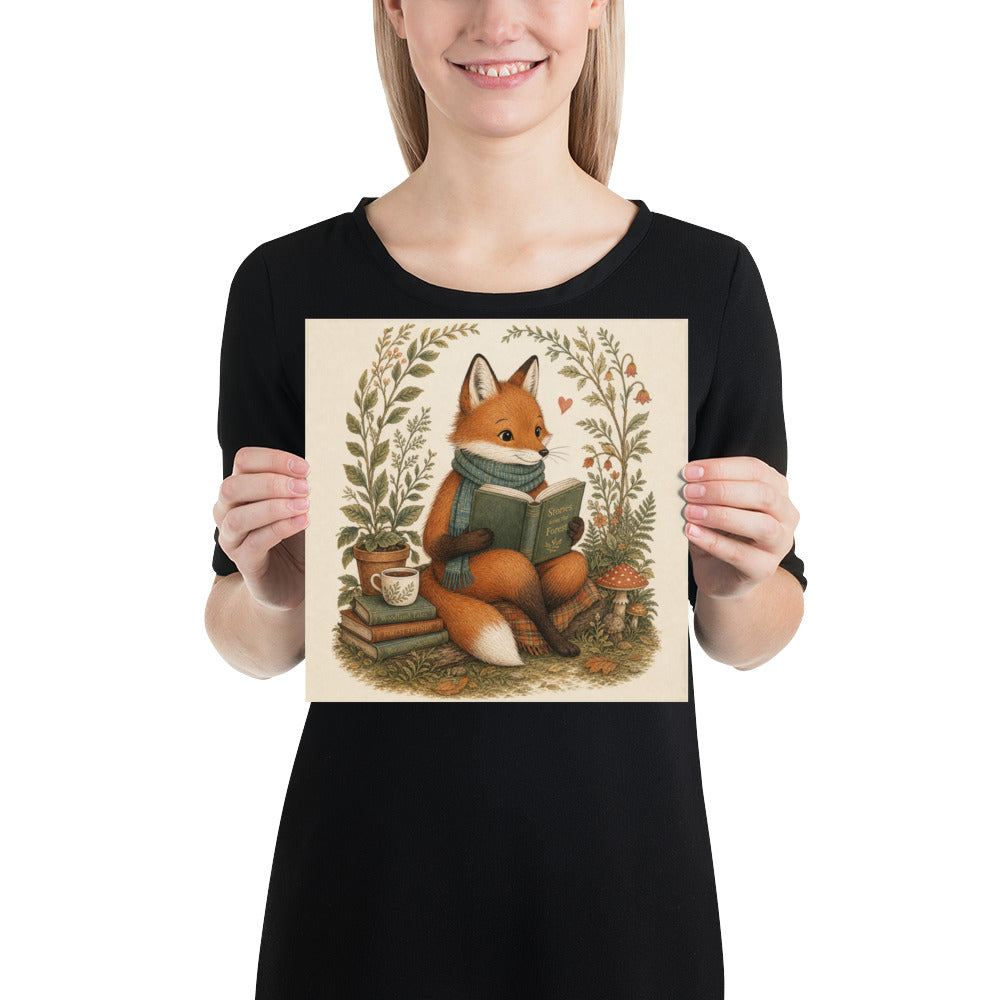 Woodland fox poster with potted plant and mushrooms; fox in green scarf reading.