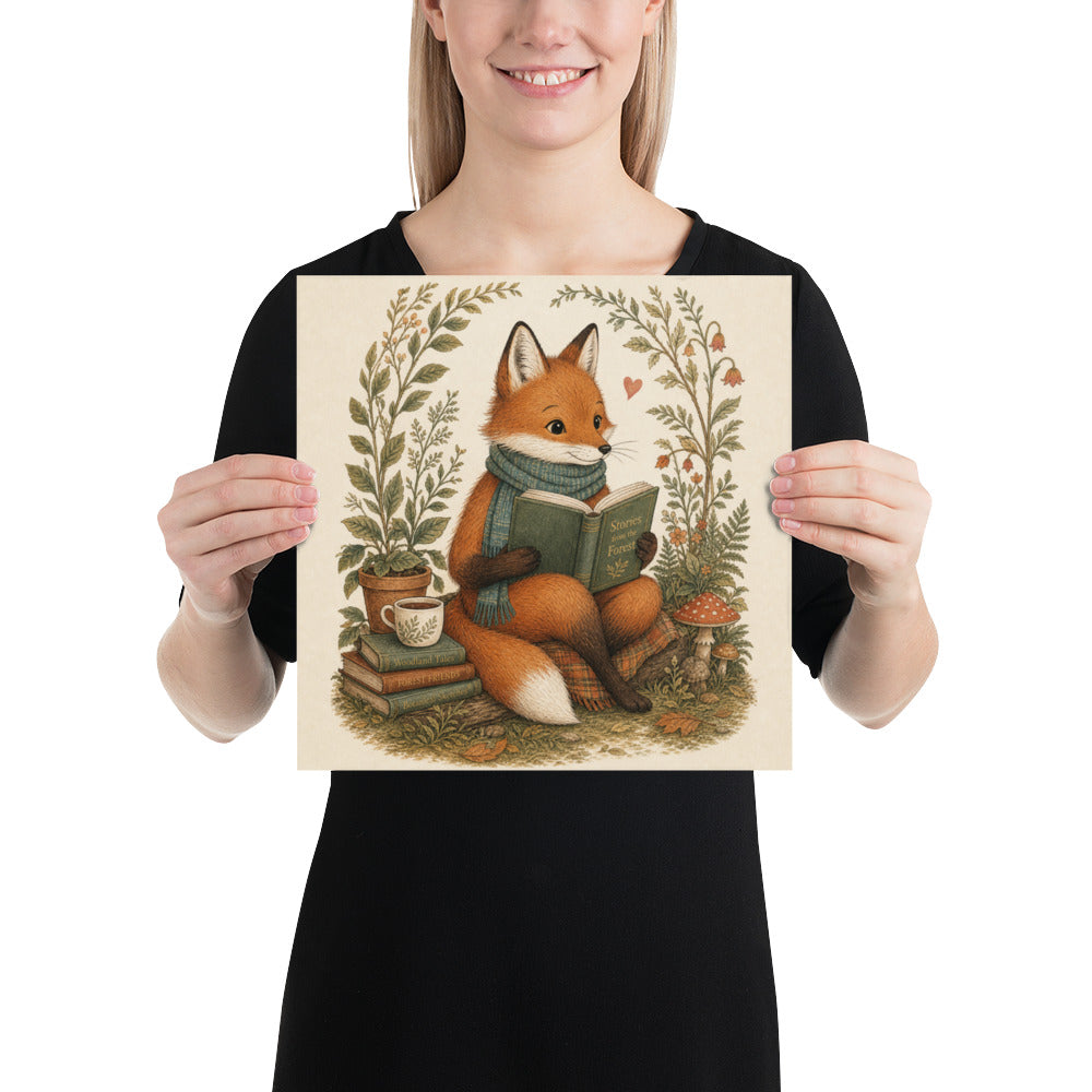 Woodland fox poster: fox curled on books, holding open book; vines and small hearts.