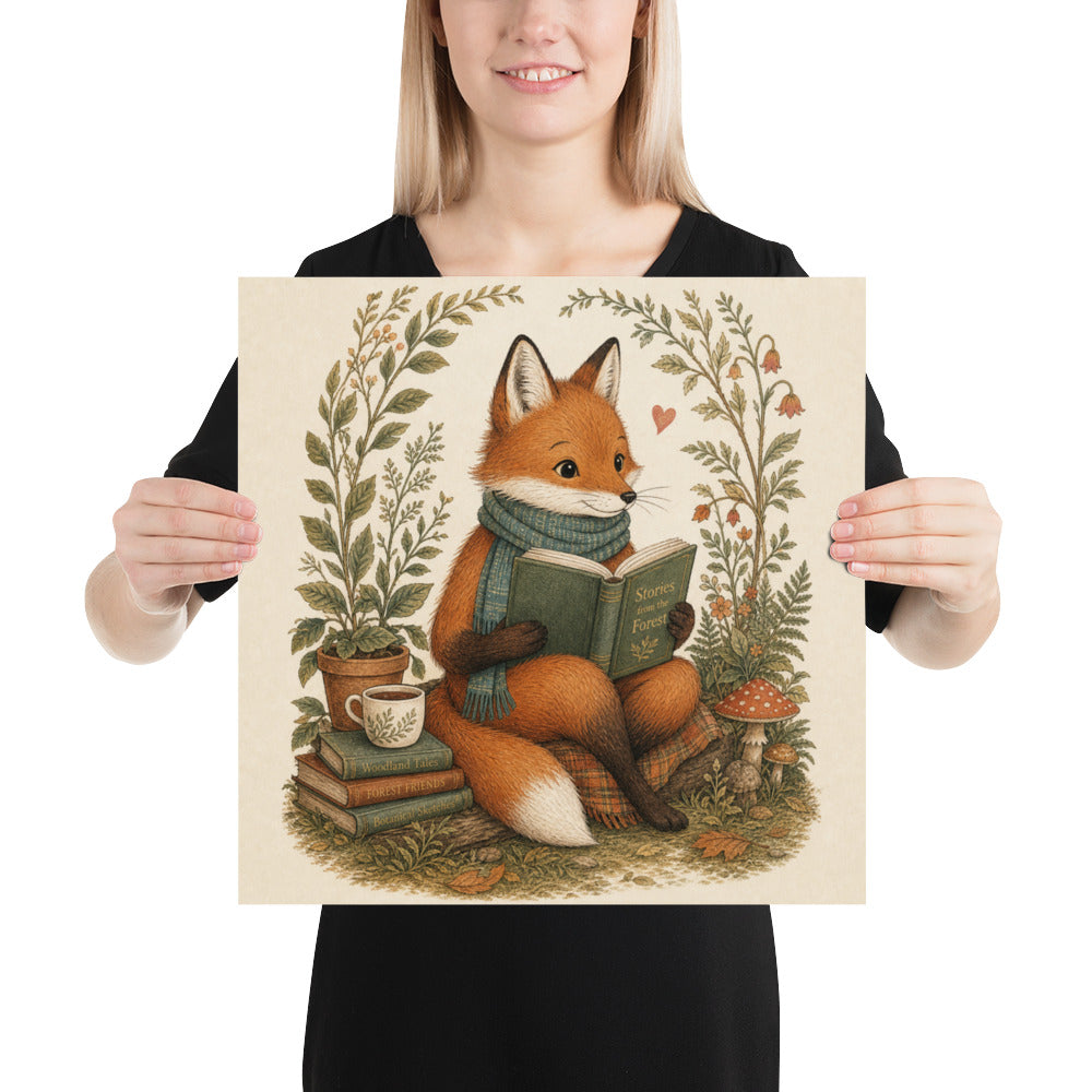 Woodland fox poster with border of leaves, fox wearing scarf reading a book.