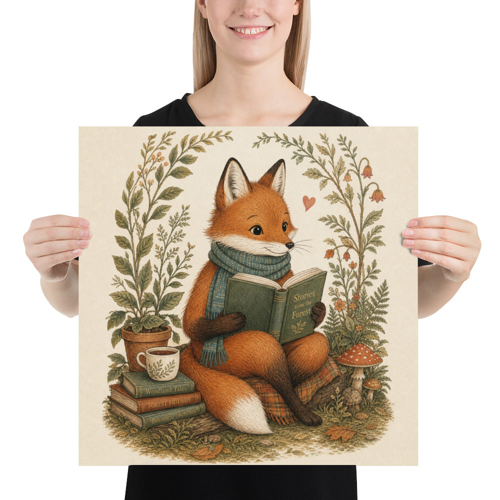 Woodland fox poster: fox in green scarf reading book among leafy plants and mushrooms.