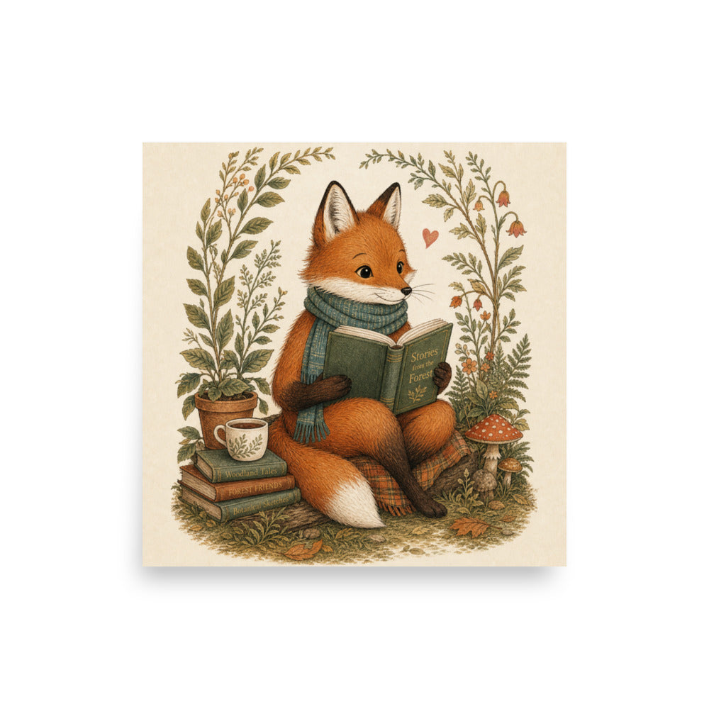 Woodland fox poster close-up: orange fox with green scarf reading a book.
