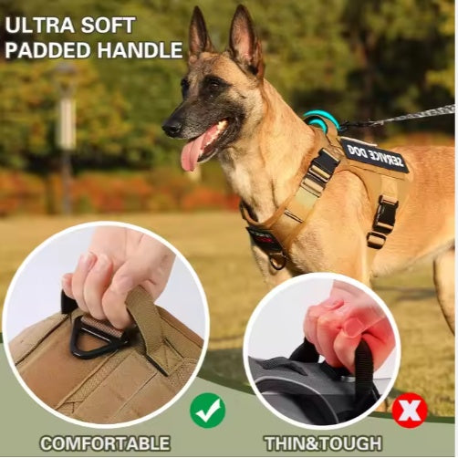 Tan padded-handle dog harness with secure strap clips for comfortable control