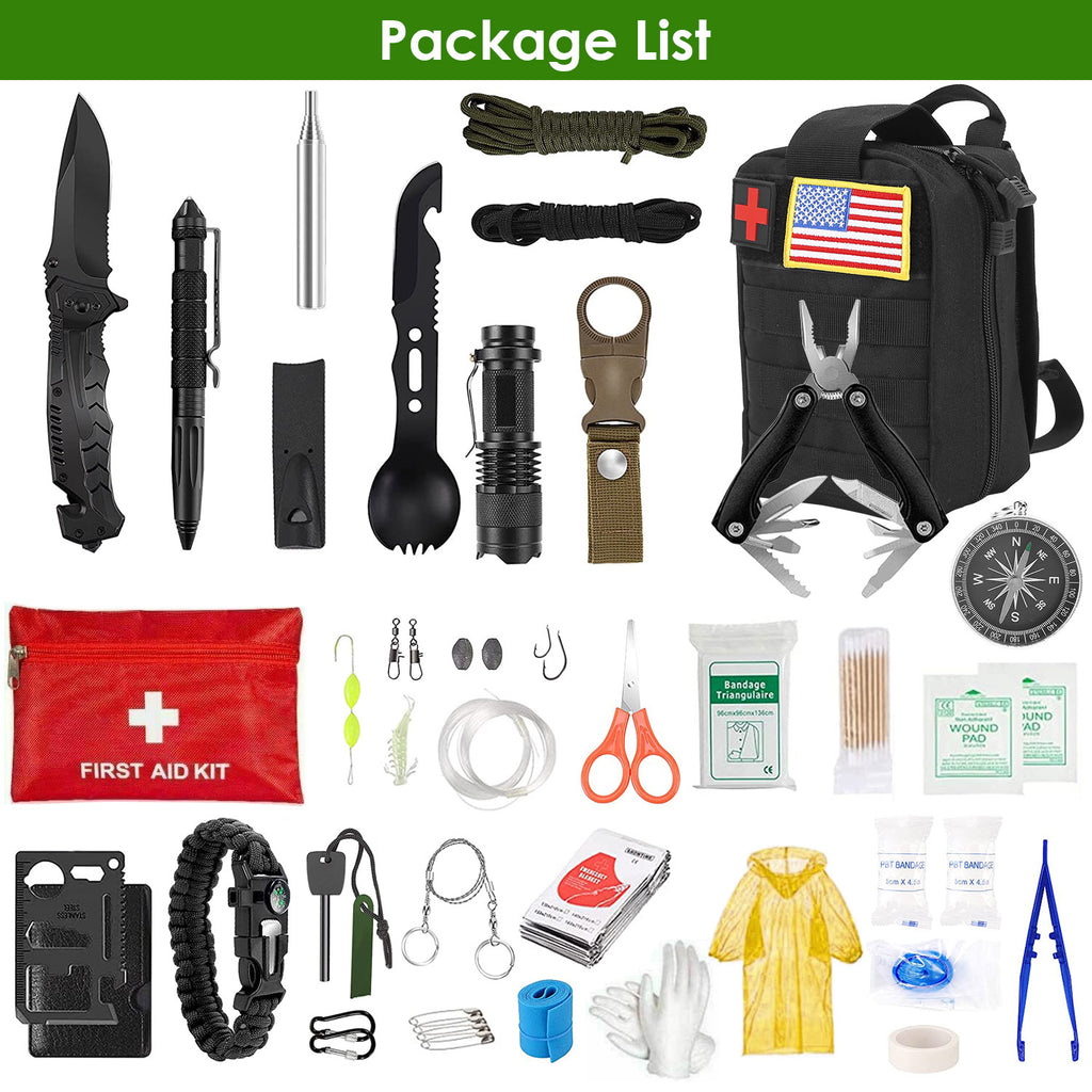 Black survival kit bag with red first-aid pouch and assorted emergency tools and supplies