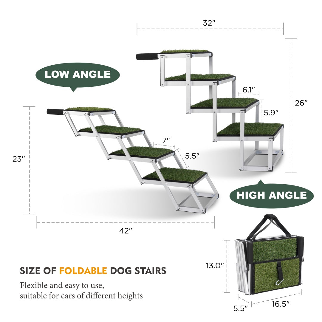 Foldable dog ramp with green non-slip treads on silver frame and attached bag