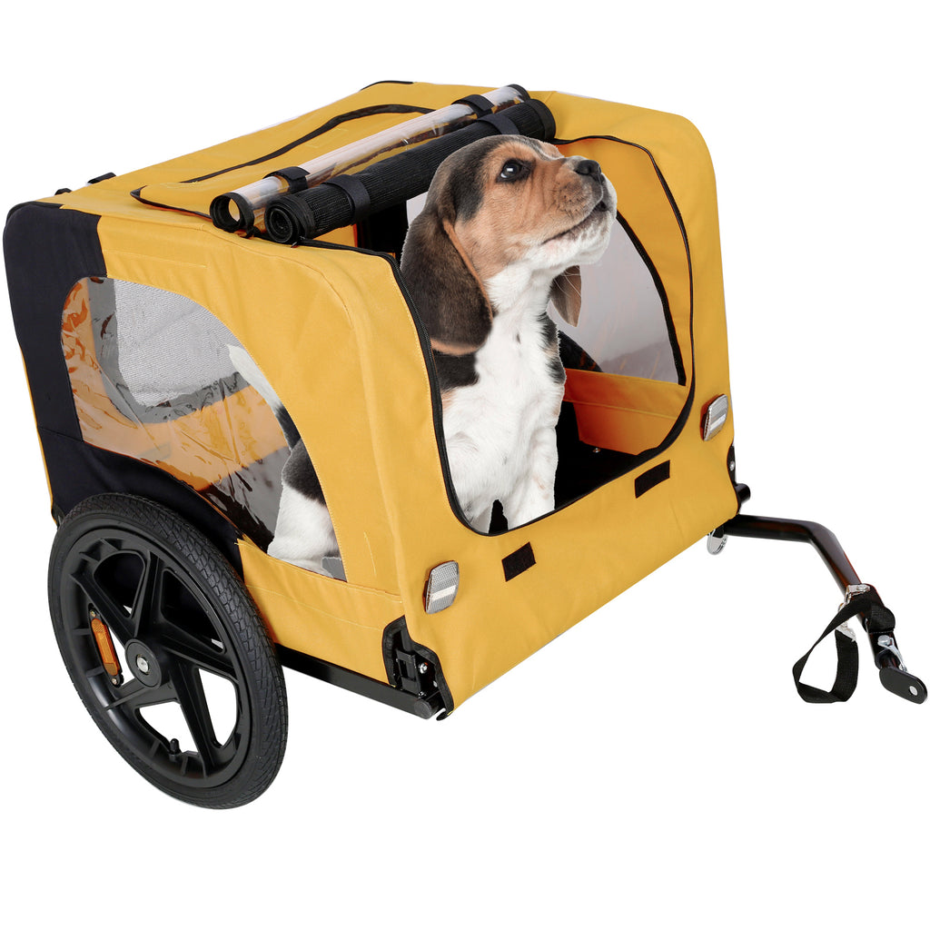 Yellow pet bike trailer with front wheel, side mesh window, and dog inside