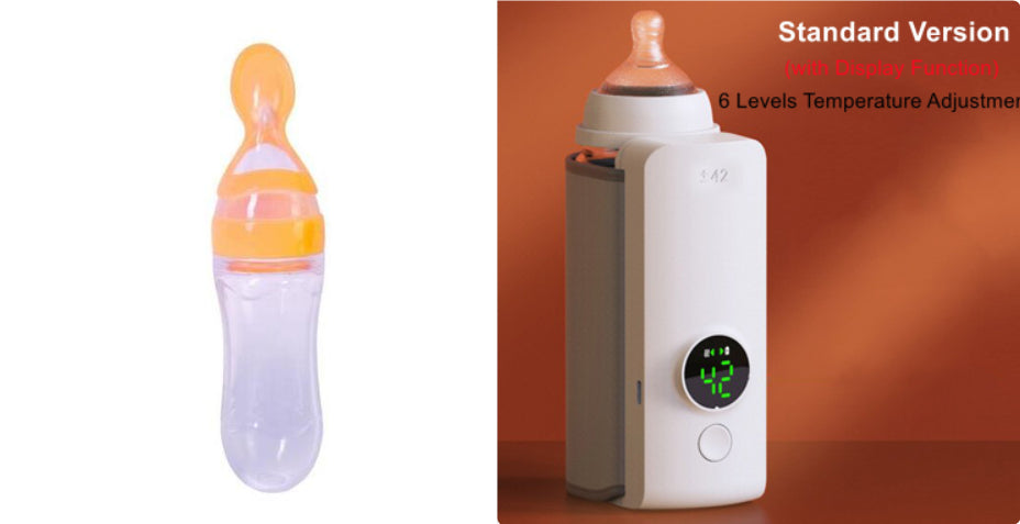 Baby bottle warmer with bottle and glowing digital temperature display