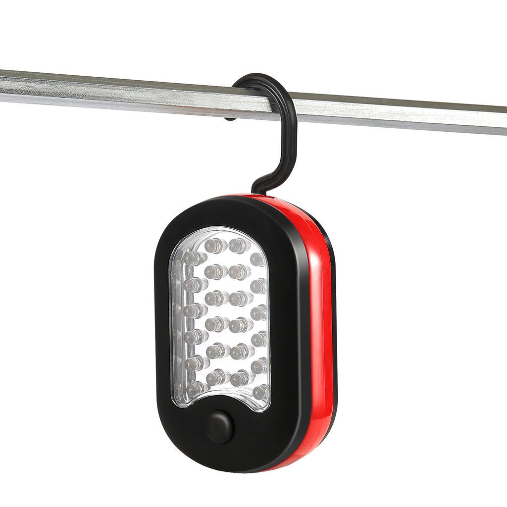 Magnetic LED work light with 360° hook, red and black housing, bright white LED panel