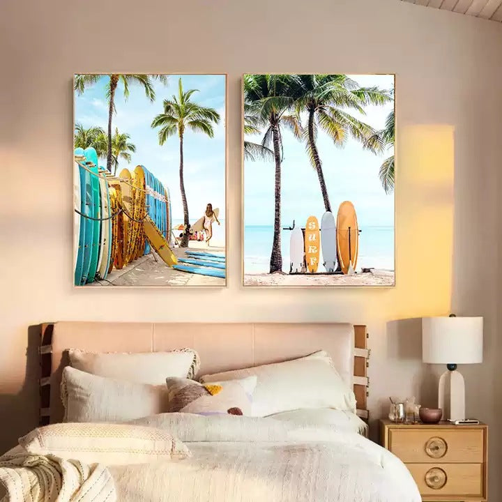 Beach surf canvas prints set with turquoise surfboards and palm trees above a bed