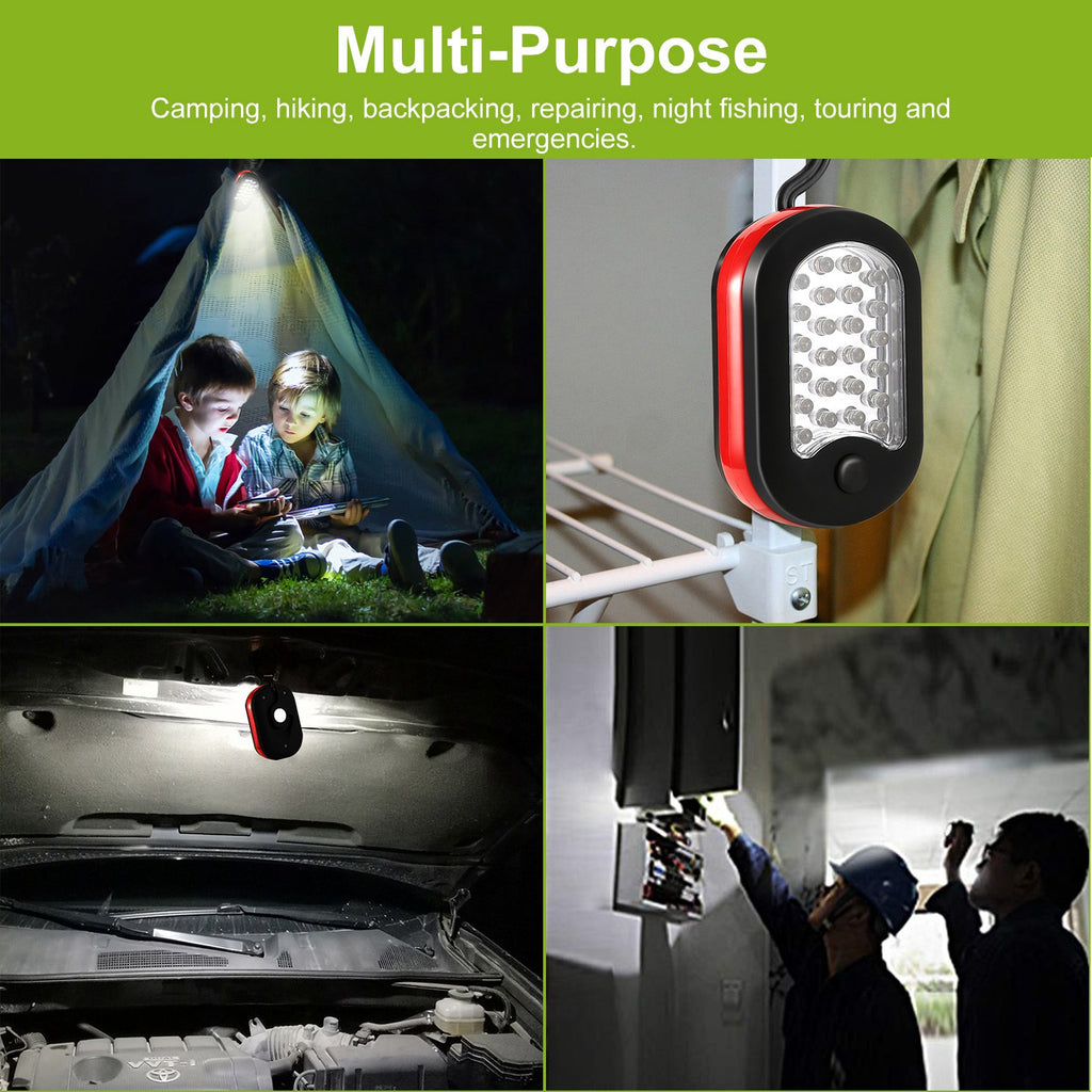 LED work light shown in multiple uses, red and black body with bright white LED panel
