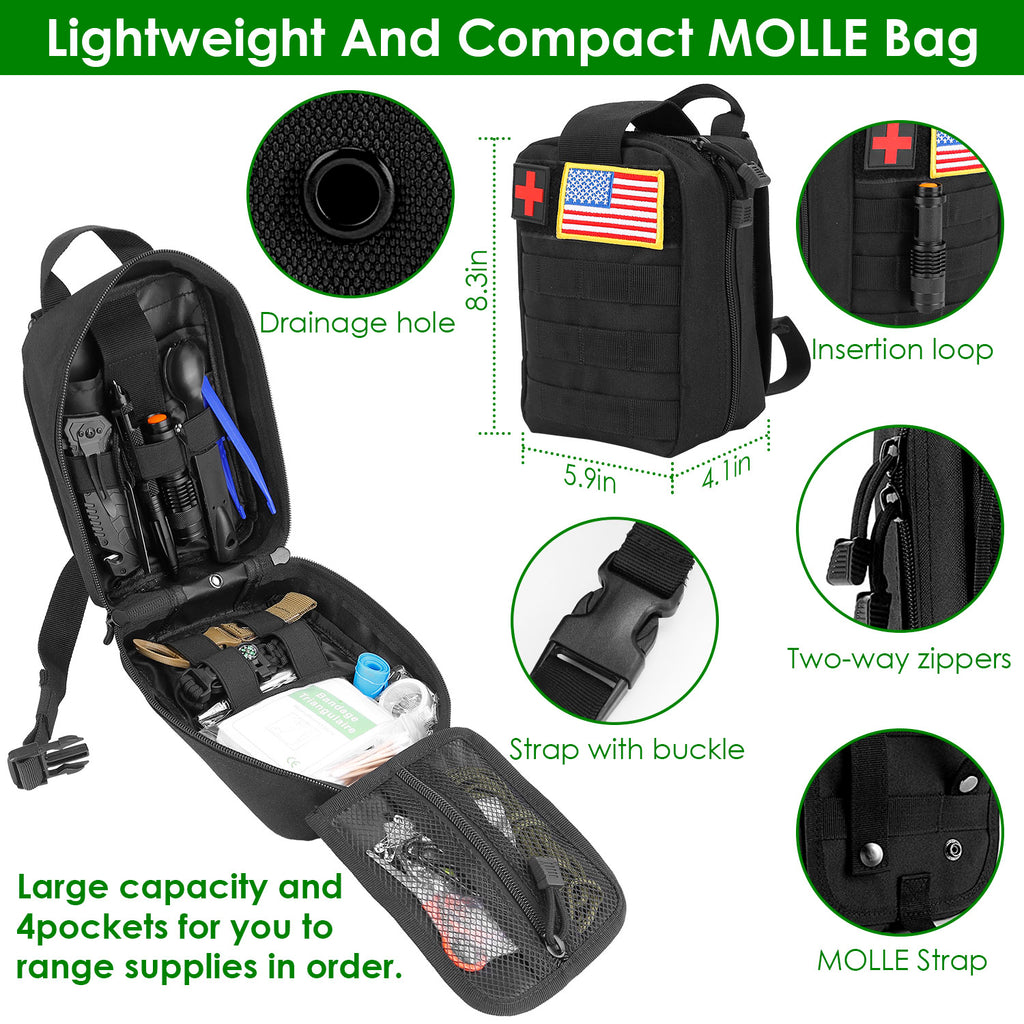 Black MOLLE survival bag with drainage hole, insertion loop, two-way zippers, and strap