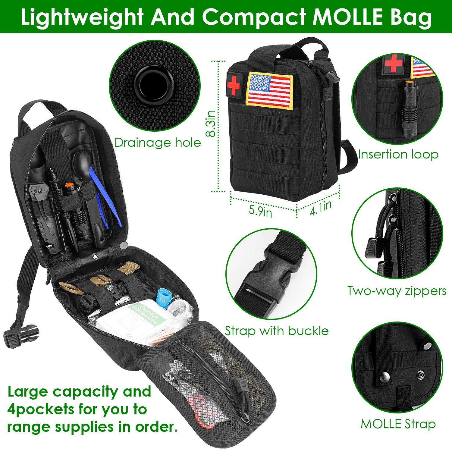 Black MOLLE survival bag with drainage hole, insertion loop, two-way zippers, and strap