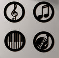 Round wooden wall plaques set of 4 with treble, piano, note, and sound icons