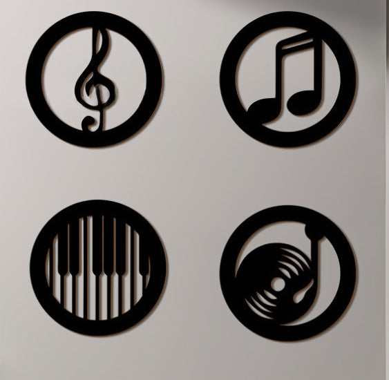 Round wooden wall plaques set of 4 with treble, piano, note, and sound icons