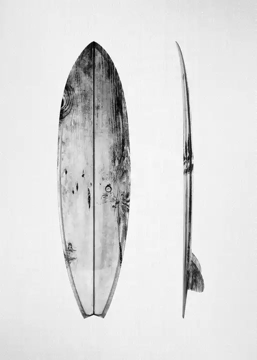 Surfboard canvas print with two monochrome boards, one front view and one side view