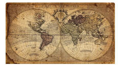 World map canvas poster, vintage sepia print with detailed continent outlines