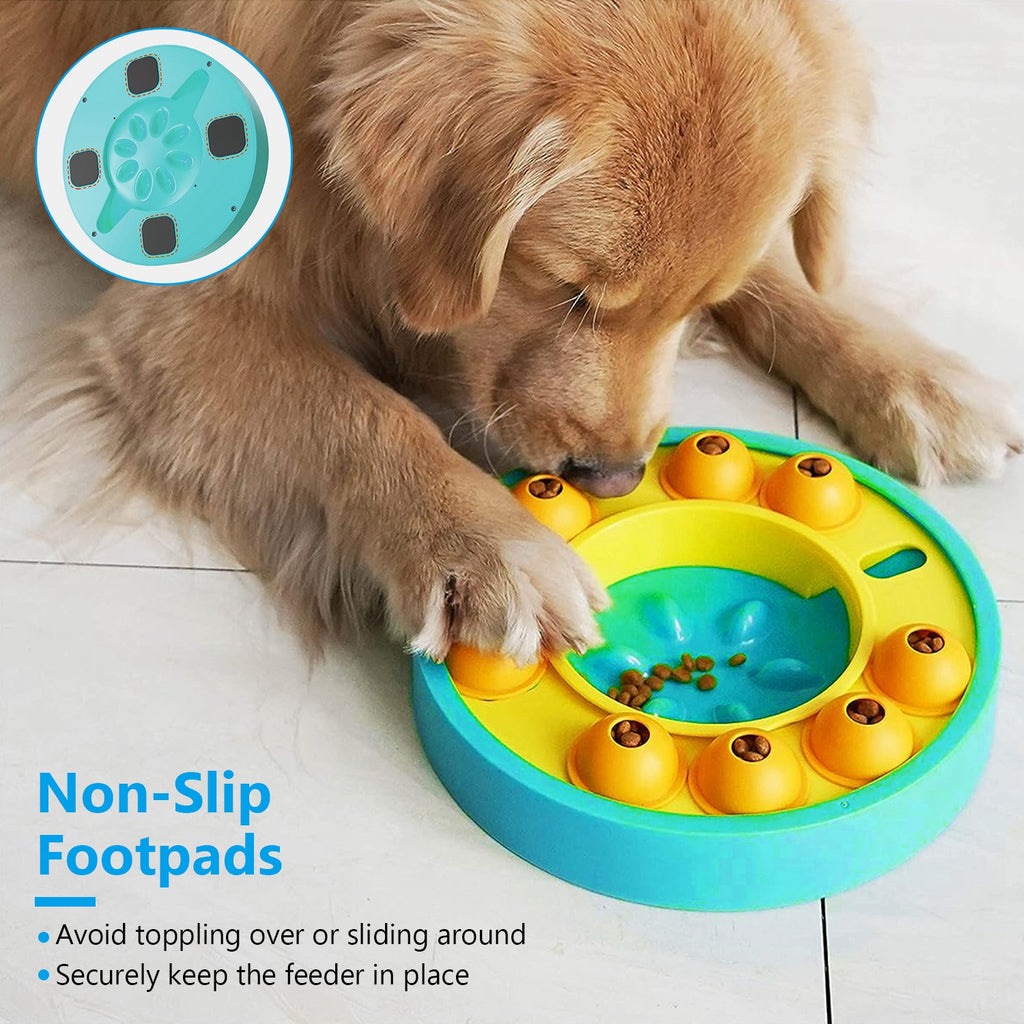 Turquoise and yellow slow-feeder dog bowl with paw-print center, being licked by dog