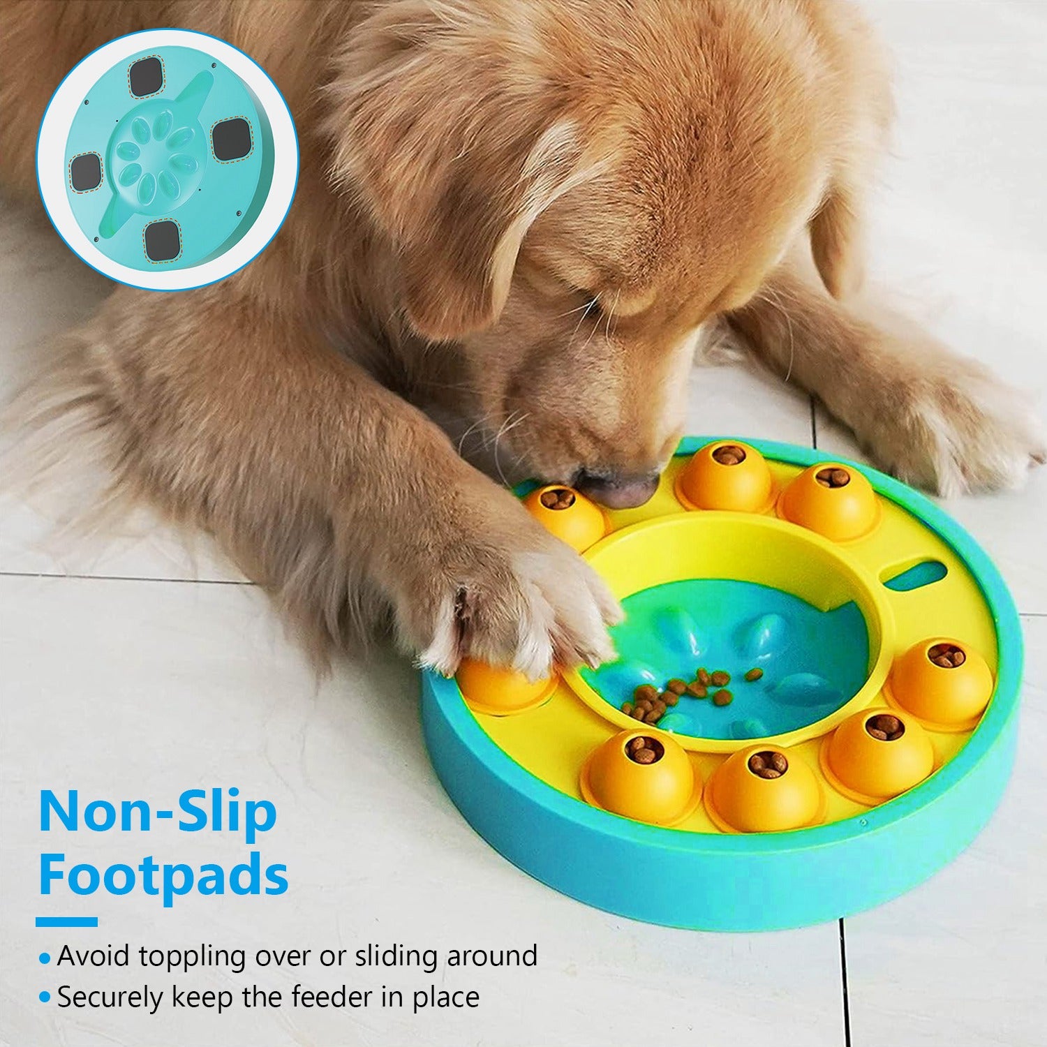 Turquoise and yellow slow-feeder dog bowl with paw-print center, being licked by dog