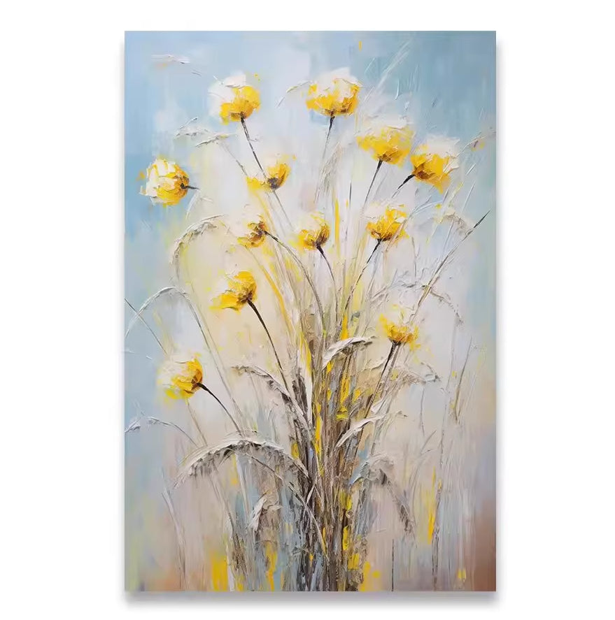Canvas wall poster with yellow dandelion-style blooms on tall slender stems
