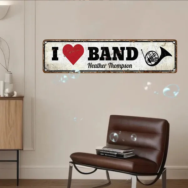 Vintage aluminum wall sign with 'I ♥ BAND' and musical note graphic, 'Heather Thompson'