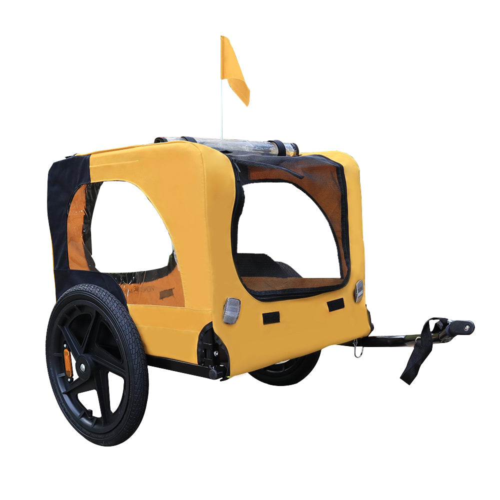 Yellow pet stroller trailer with side mesh window, rear coupling bar, and wheel
