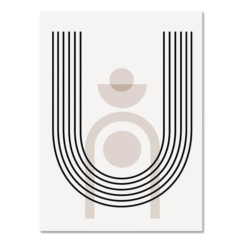 Abstract poster with a U-shaped set of vertical black stripes and circular symbols.