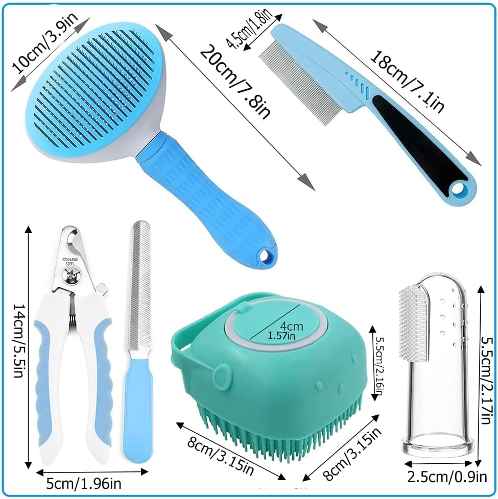 Blue grooming kit pieces: brushes, nail clippers, comb, and nail file