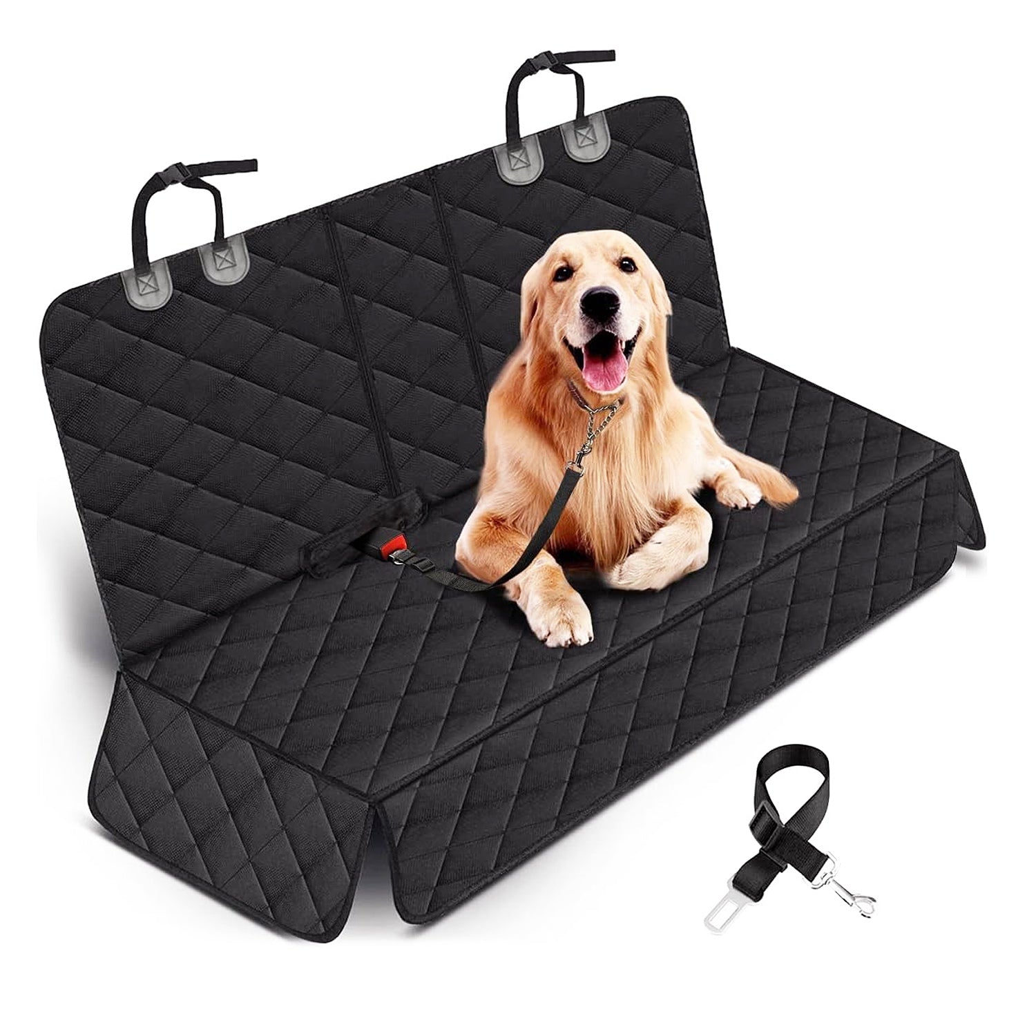 Black quilted dog car seat cover with straps, snap buckles, and non-slip backing